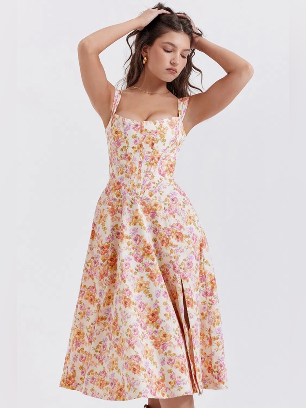 House of Cb Floral Pink and Cream Midi Sundress - Sleeveless Fit